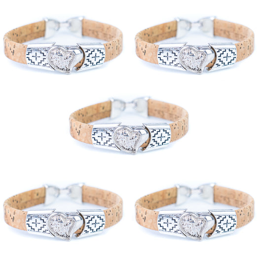 5pcs-Pack Cork Bracelet Set with Heart Charm – Unisex Natural Style BR-442-MIX-5