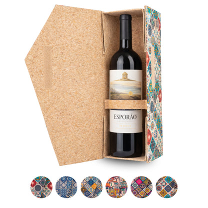 Cork Wine Gift Box | Boho Tile Print, Hexagonal Flip-Top & Cork Interior — L-1190