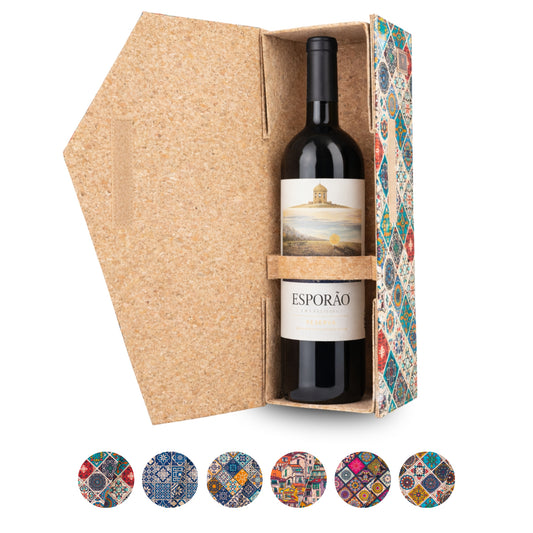Cork Wine Gift Box | Boho Tile Print, Hexagonal Flip-Top & Cork Interior — L-1190