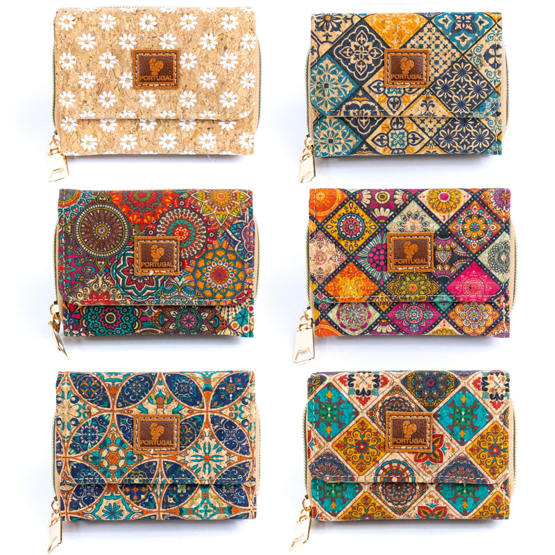 Foldable Printed Cork Wallets Bifold Coin Purses with Card Slots BAGD-548B-MIX-6