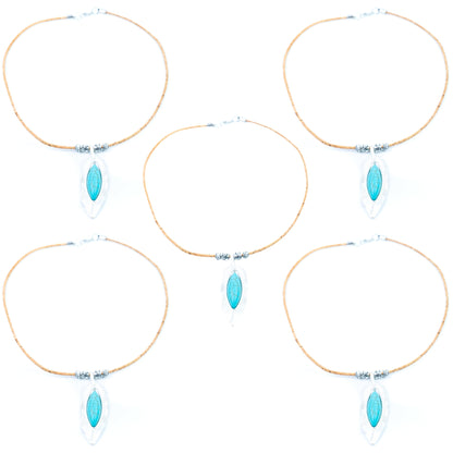 Natural Cork Necklace with Turquoise Leaf Pendant – Handmade in Portugal N-187-5