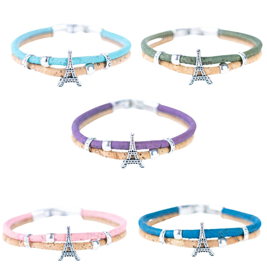 5 colors of cork wire and Eiffel Tower alloy accessories handmade fashion bracelets  BR-095-MIX-5
