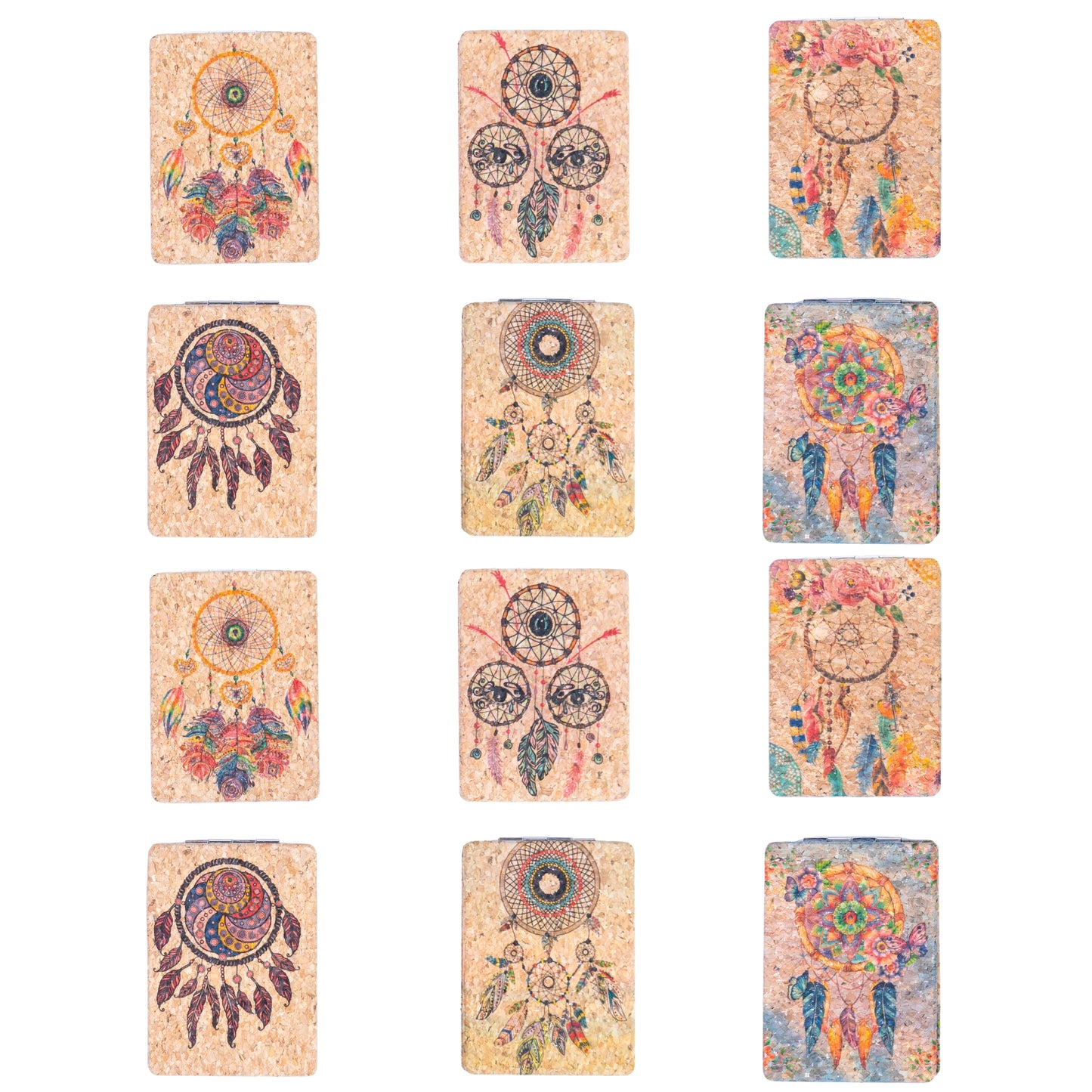 Eco-Friendly Cork Compact Mirror with Dreamcatcher Artwork L-1179-12