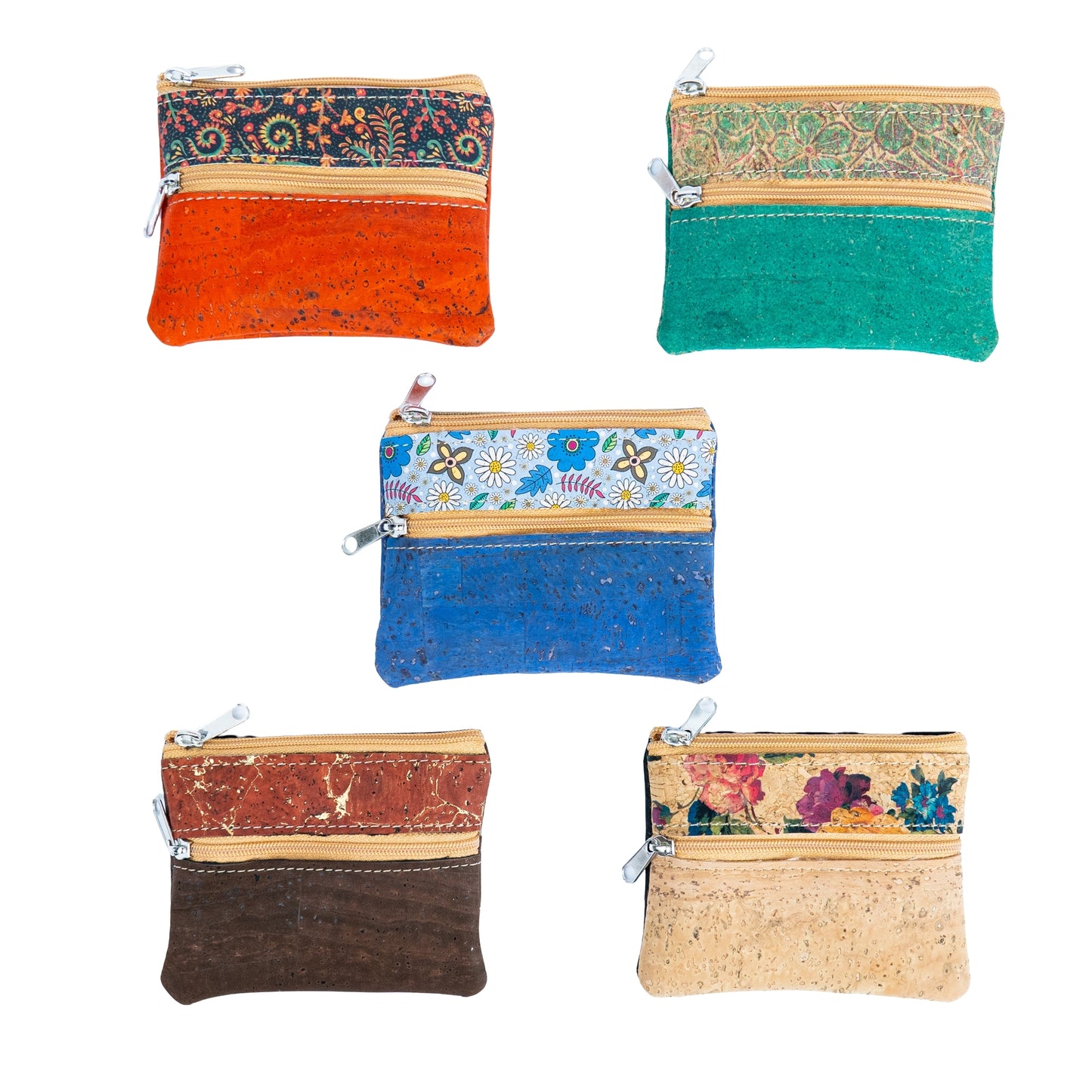 Dual Zip Cork Coin Pouch BAGP-333 (5 Units) RANDOM PATTERN