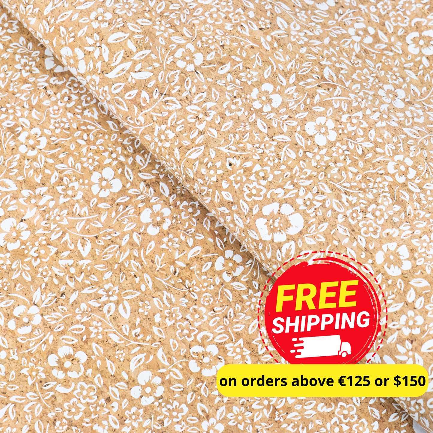 Natural Cork Fabric with White Floral Print COF-630