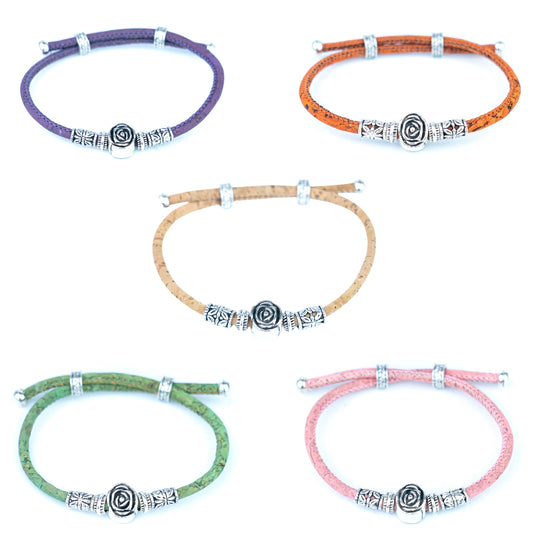 3mm Round Cork Bangle | Ceramic Beads & Alloy Fittings | Handmade, Adjustable | 10 Mixed Colors BR-226-MIX-10