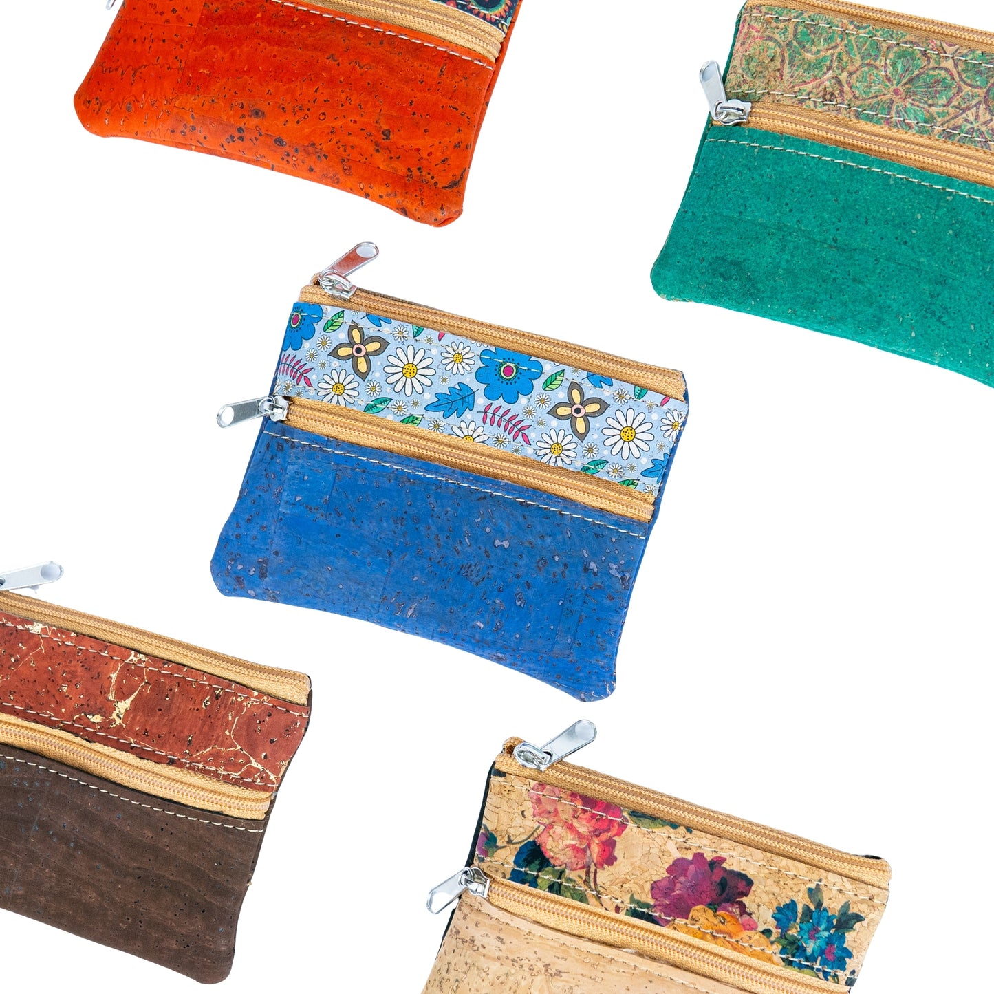 Dual Zip Cork Coin Pouch BAGP-333 (5 Units) RANDOM PATTERN