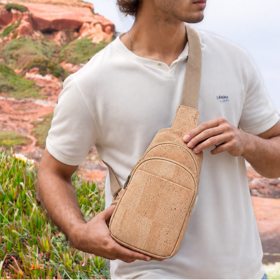Natural Cork Brown and Black Men's Sling Bag: Stylish BAG-2273