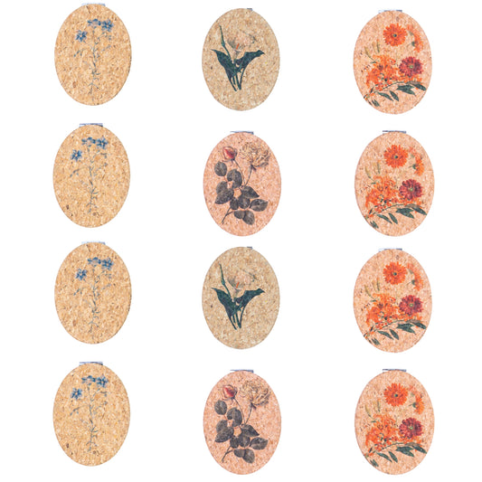 Cork Floral Compact Mirror – Oval Double-Sided Pocket Mirror L-1181-12