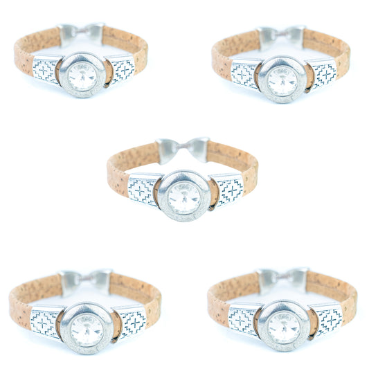 Portuguese Handmade Cork Bracelet – Natural 10mm Flat Cork, Crystal Charm BR-525-5