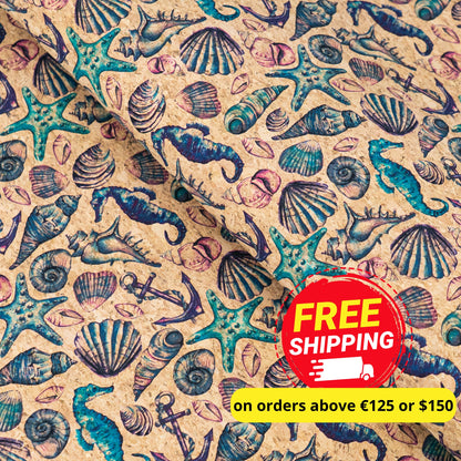 Vintage Seahorse & Shells Cork Fabric COF-637