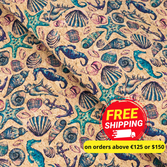 Vintage Seahorse & Shells Cork Fabric COF-637