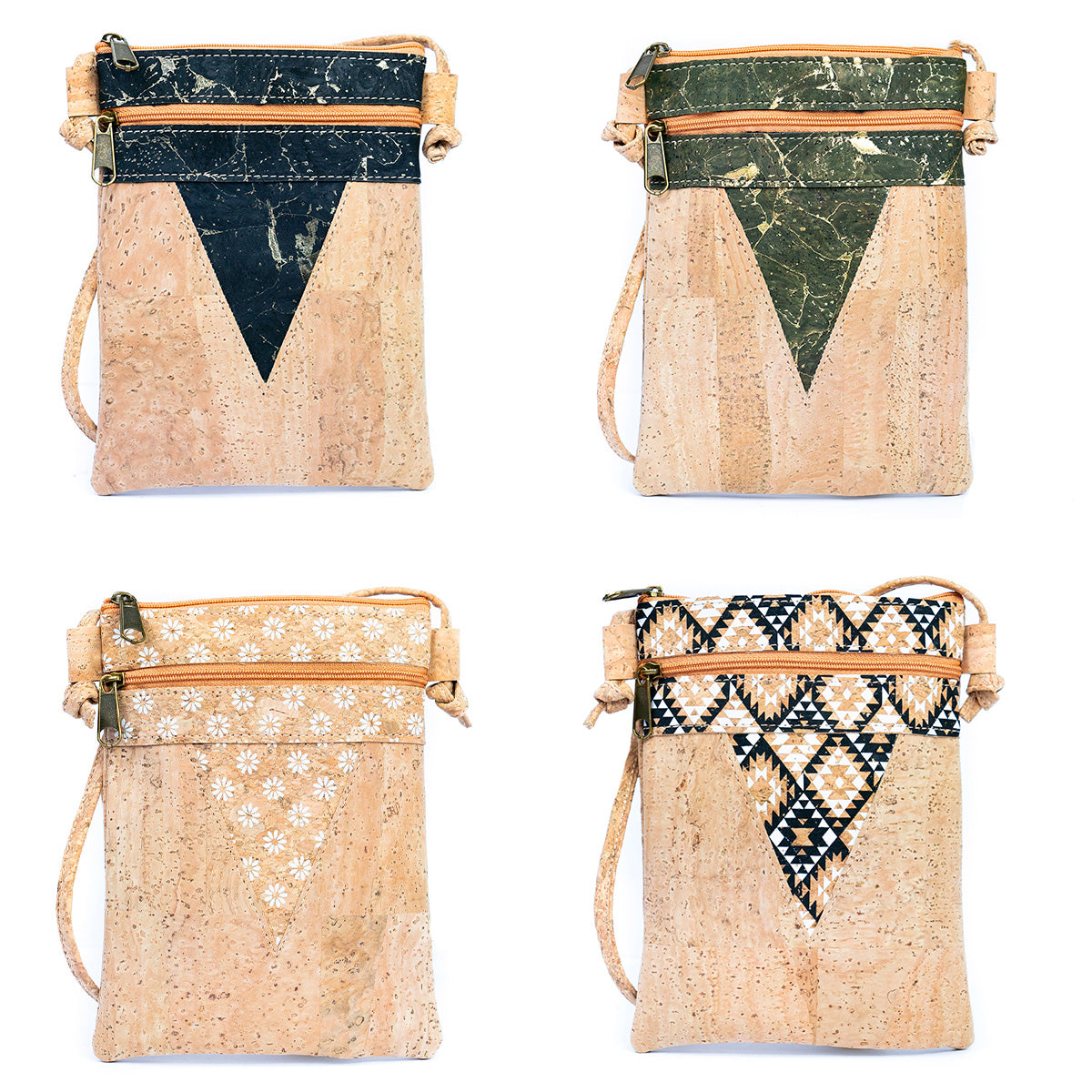Triangle-Cut Natural Cork Women's Crossbody Bag with 2 Zipper Compartments BAGP-272-MIX-4 (4units)