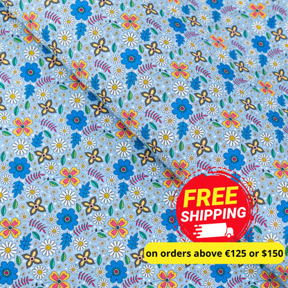 Blue Floral Cork Fabric COF-651