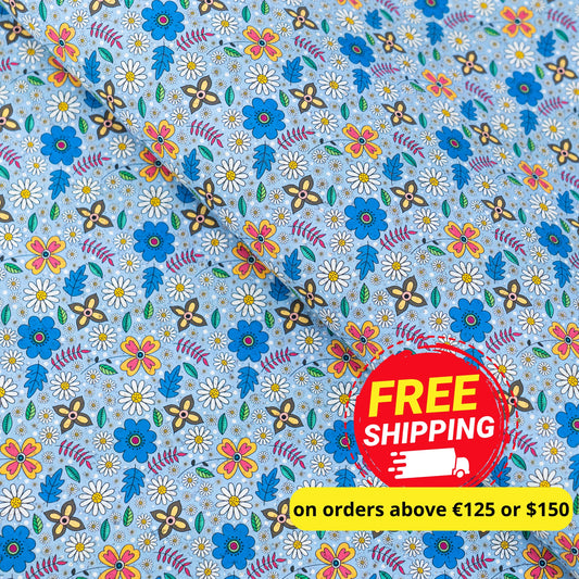 Blue Floral Cork Fabric COF-651