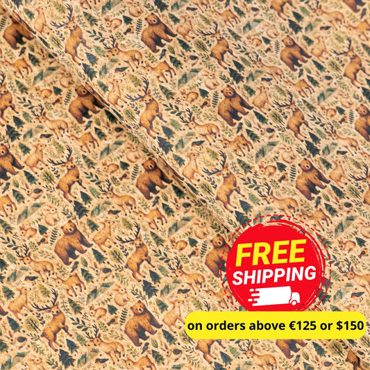 Woods Animal Pattern with Bears and Deers Cork Fabric COF-774