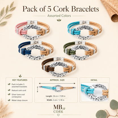 Handmade Natural Cork Bracelet with Silver-Tone Oval – Pack of 5- BR-534-MIX-5