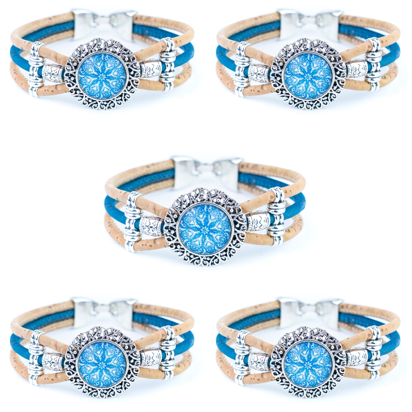 Portuguese Handmade Cork Bracelet with Decorative Tile-Inspired Cabochon BR-530-5
