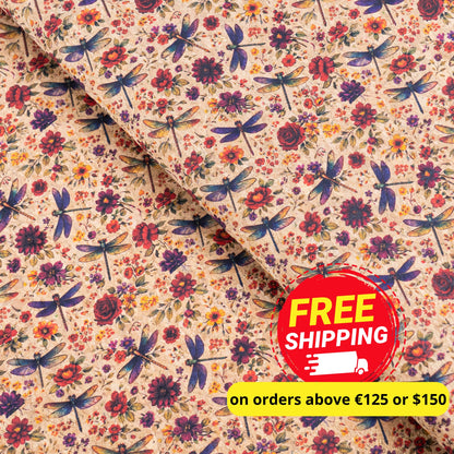 Floral Cork Fabric with Dragonflies COF-15
