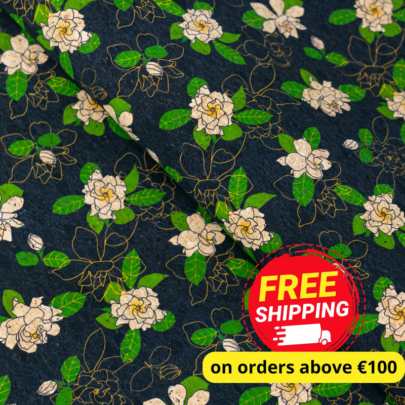 Black Cork Fabric with White Floral Print COF-667