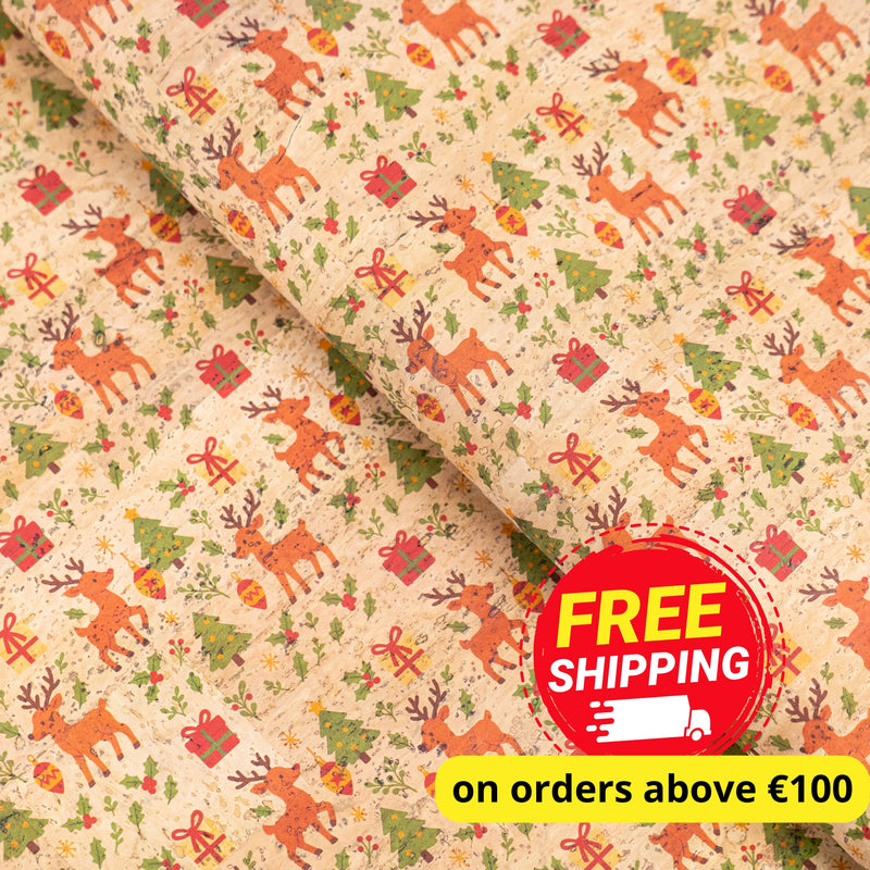 Holiday Special - Reindeer & Christmas Trees Cork Fabric COF-06