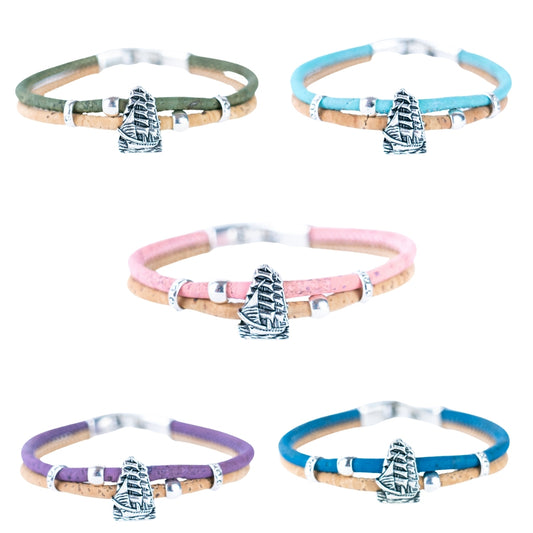 5 colors of cork wire and sailboat alloy accessories handmade fashion bracelets  BR-483-MIX-5