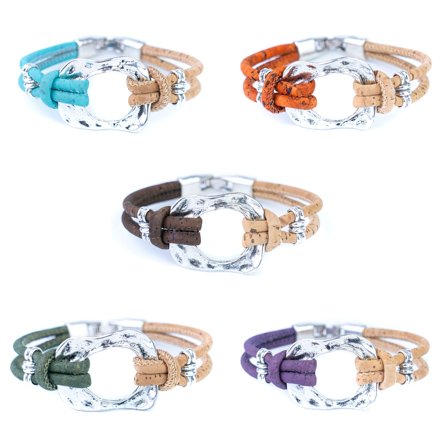 5pcs-Pack Cork Bracelet Set with Metal Ring – Natural Two-Tone Design Unisex Natural Style BR-448-MIX-5