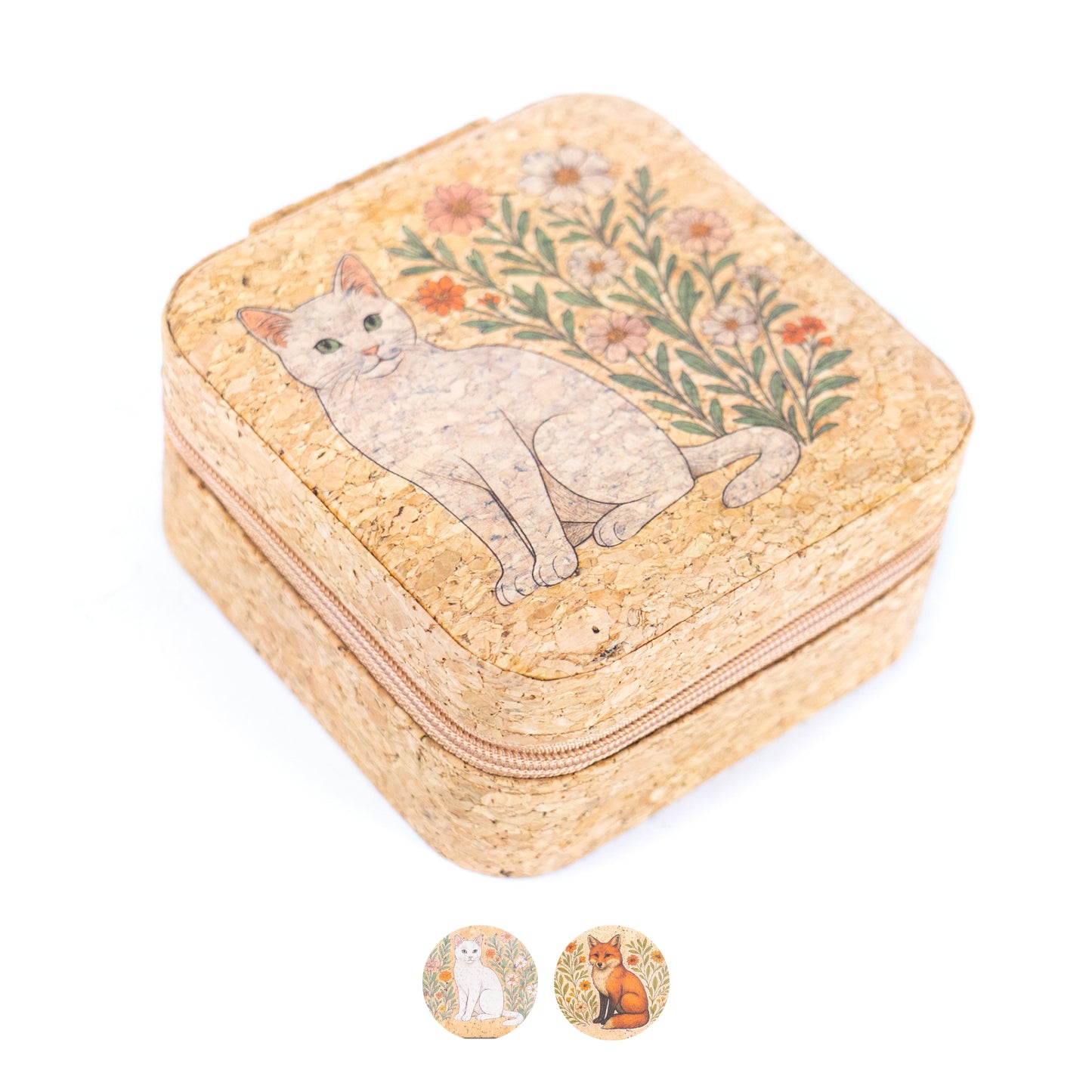 Natural Cork Jewelry Storage Box Cat & Fox Edition L-1165