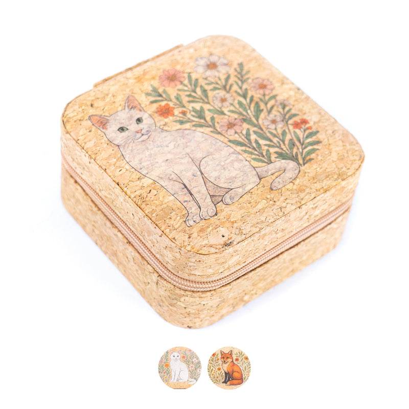Natural Cork Jewelry Storage Box Cat & Fox Edition L-1165
