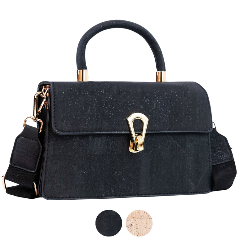 Elegant Black Cork Crossbody Bag with Gold Buckle and Cotton Strap BAG-2321