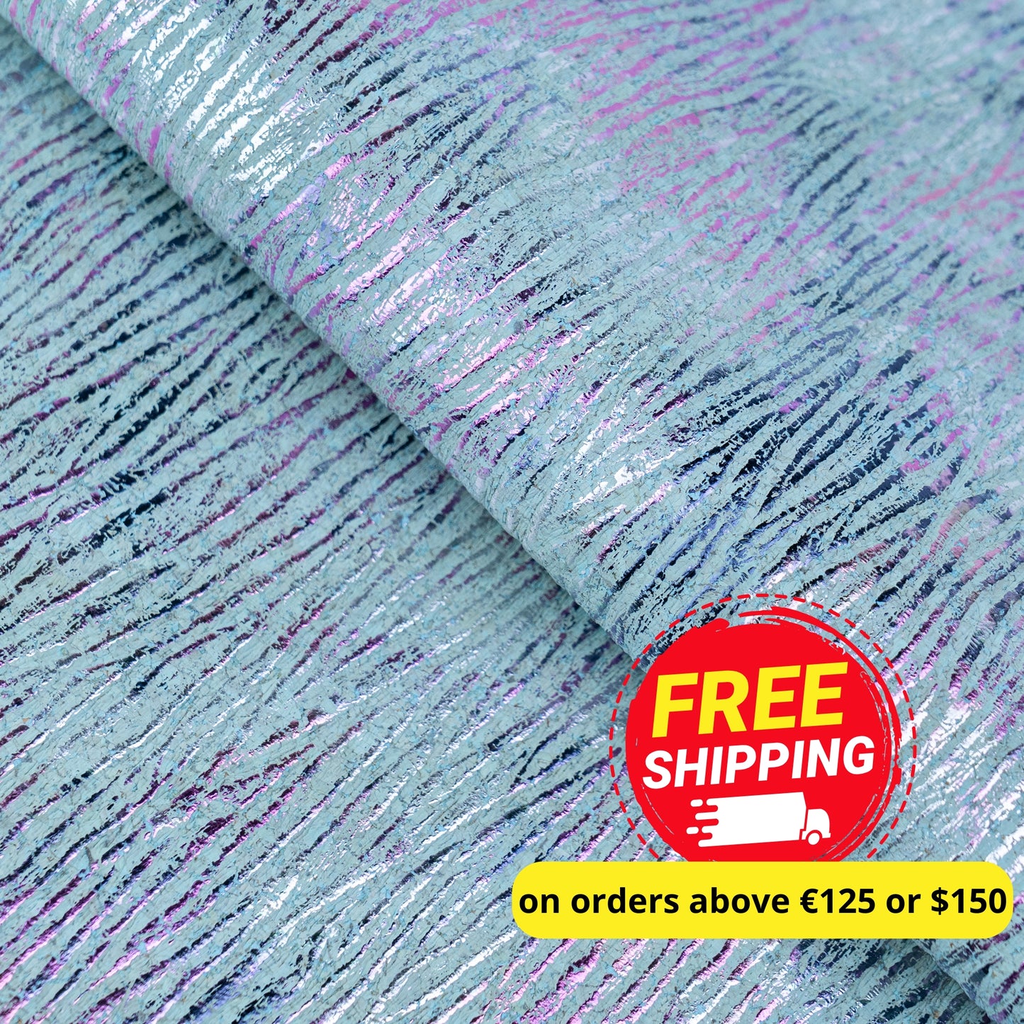 Embossed Iridescent Cork Fabric – Aqua Blue & Purple Metallic Texture COF-697