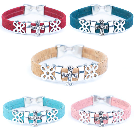 10mm flat colorful cork cord with Cross Design handmade bracelet DBR-043-MIX-5