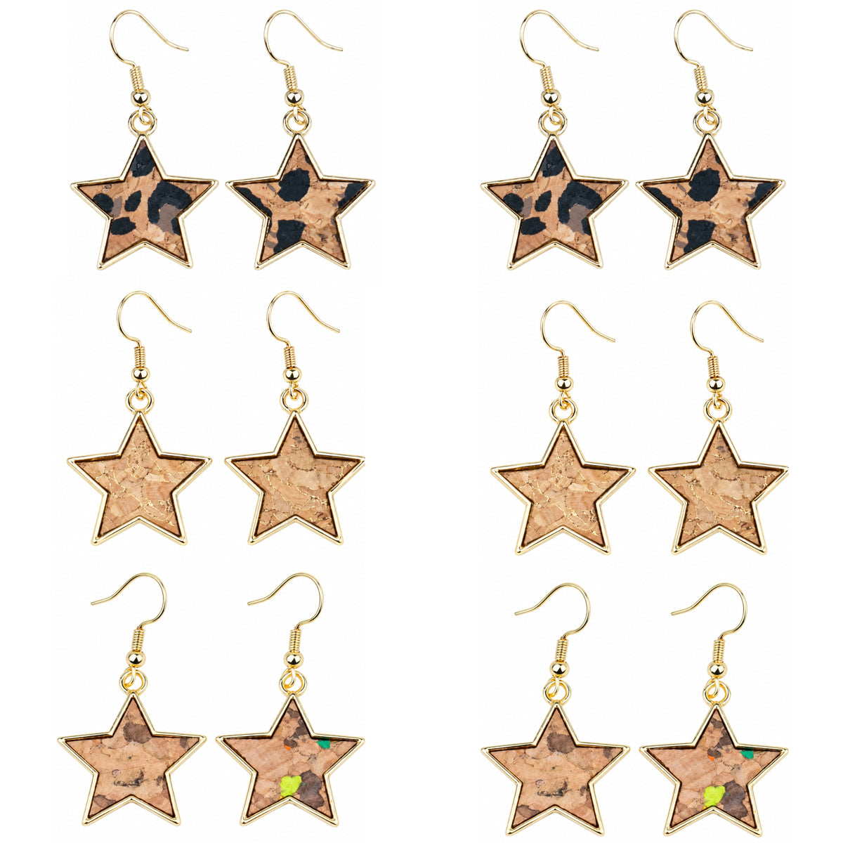 Portuguese Handmade Star Cork Earrings with Gold-Tone Alloy  – Pack of 6Pairs-ER-213-MIX-6