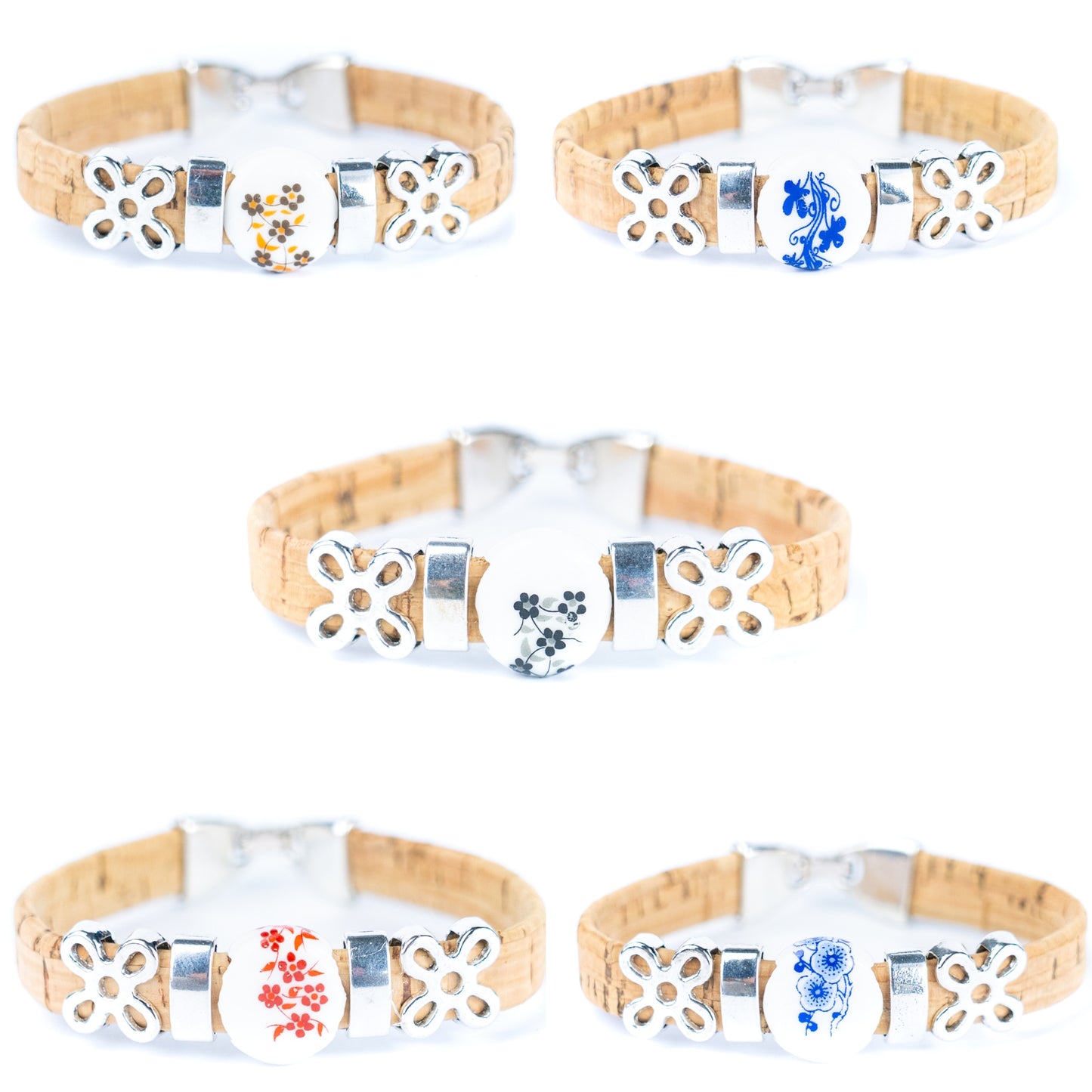 10mm Flat Cork Bangle | Ceramic Flower Bead · Alloy Accessories DBR-014-MIX-5