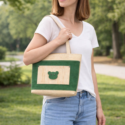 All Cork Tote Bag with Bear Charm - Vegan Leather Shoulder Bag