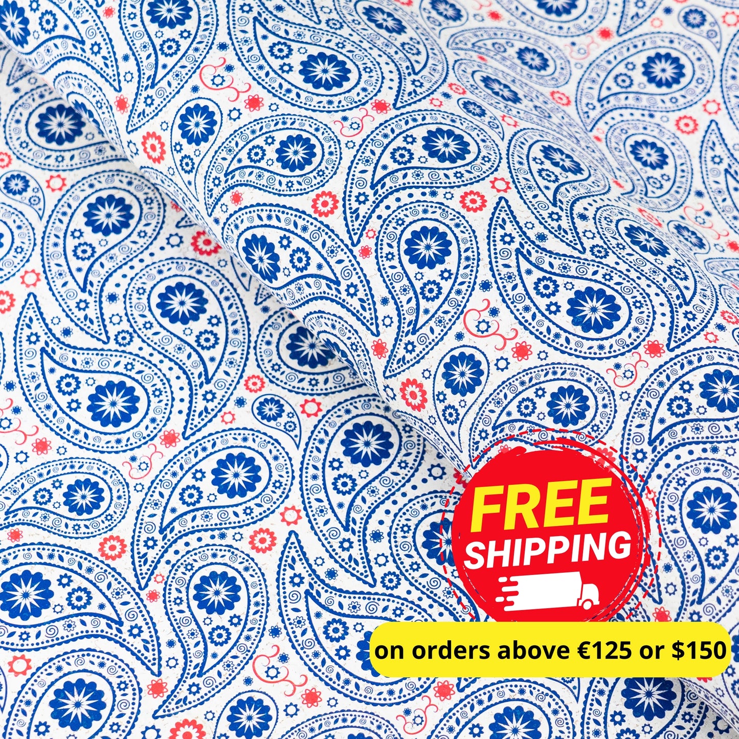 Navy & Red Paisley Printed Cork Fabric COF-625