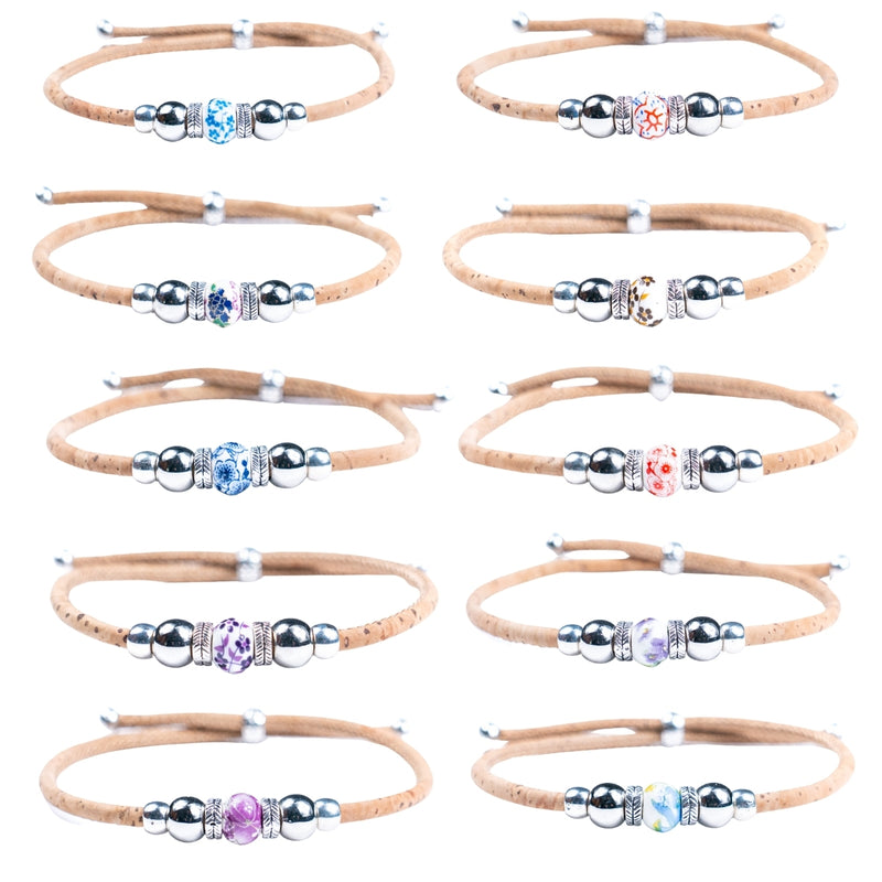 Natural cork thread and colorful ceramic beads handmade women&