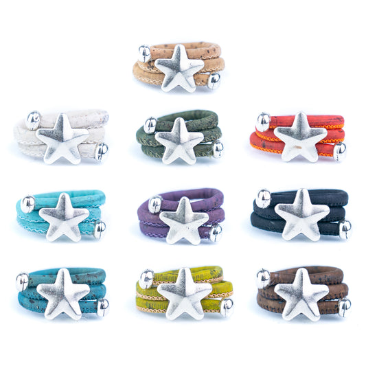 Vintage Star Cork Ring – Handmade 3mm Cork Cord Ring – 10 Colors Mixed Pack | 10-Color Fixed Set |R-007-MIX-10