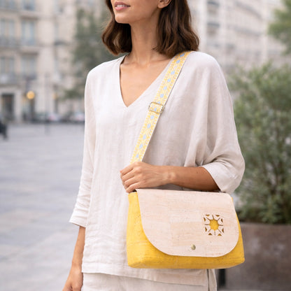 Cork Crossbody Bag with Interchangeable Snap Charm | Natural & Yellow Cork Shoulder Bag BAGP-365