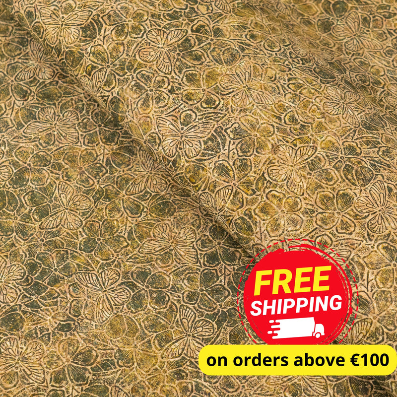 Embossed Butterfly & Floral Cork Fabric Green & Beige Tones COF-644