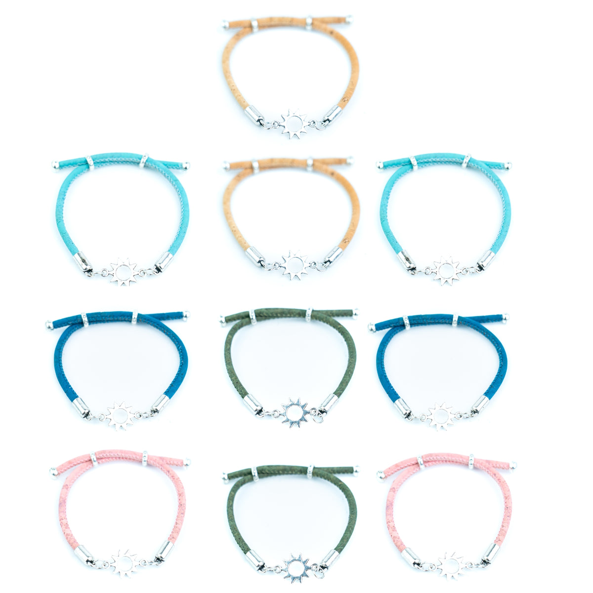 Handmade 3mm Cork Bracelet with sun – Mixed Colors, Pack of 10pcs-BR-301-MIX-10