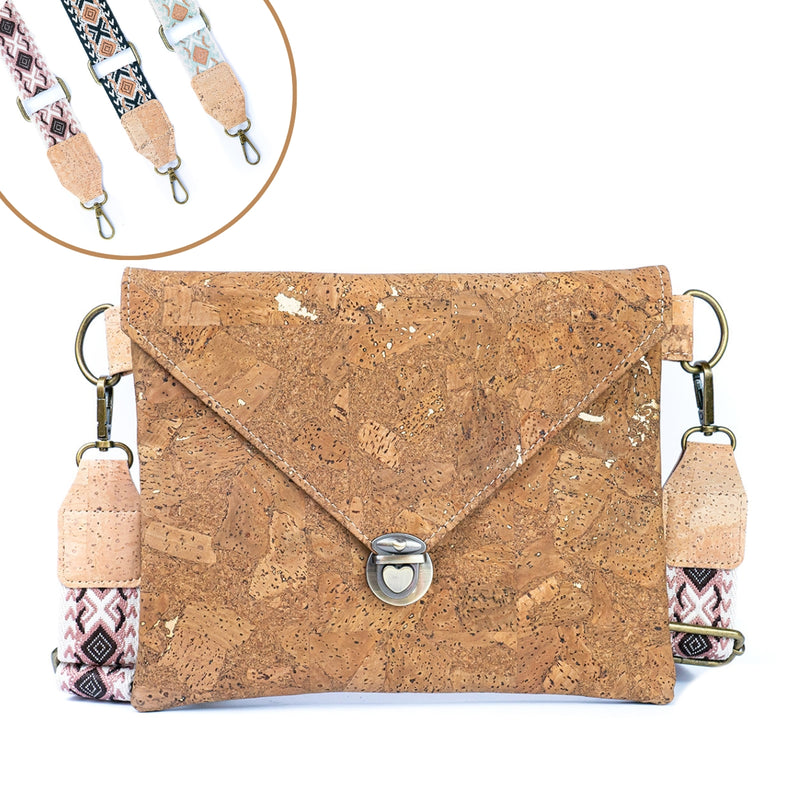 Tobacco-Colored Cork Crossbody Bag with Detachable Wide Strap and Heart-Shaped Snap Closure BAGP-281