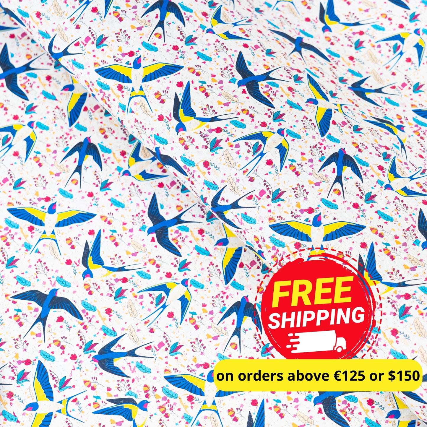 Swallow and Flowers Cork Fabric COF-648