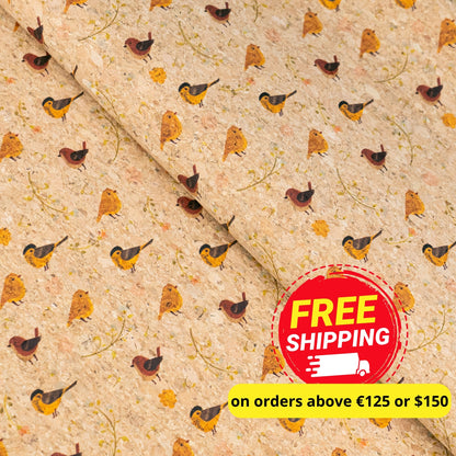 Yellow and Brown Birds Pattern Cork Fabric COF-786