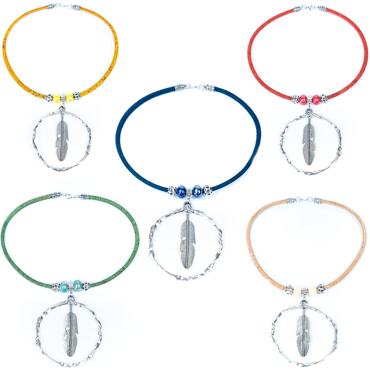 Handmade necklace for women with colored cork cord and colored ceramic beads and alloy feather accessories N-138-MIX-5