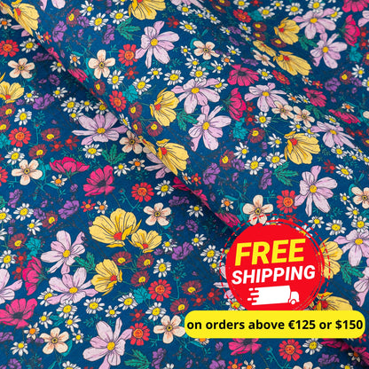 Dark Blue Floral Cork Fabric COF-622