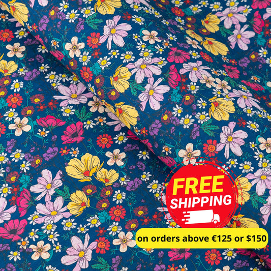 Dark Blue Floral Cork Fabric COF-622
