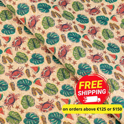 Beach Vibes: Palm Leaves, Slippers, Crabs, Watermelon Pattern Cork Fabric COF-790