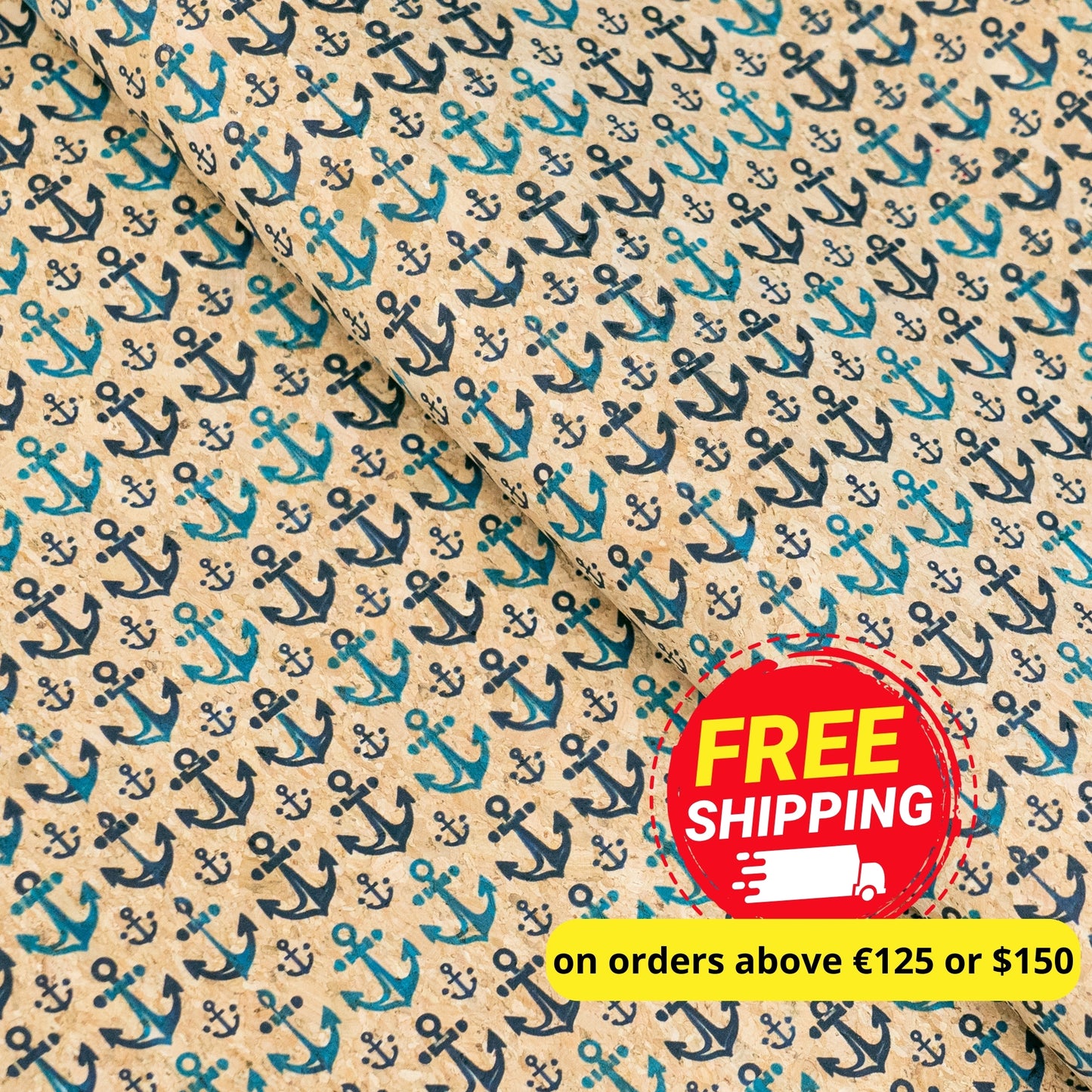 Nautical Theme: Blue Anchors Pattern Cork Fabric COF-791