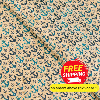Nautical Theme: Blue Anchors Pattern Cork Fabric COF-791